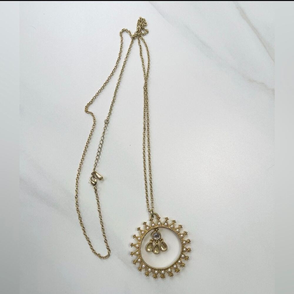 VTG Free People 2003 Y2K Boho Faux Pearl Indian Sunburst Pendant Necklace Long